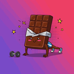 Cartoon Chocolate Bar Doing Pushups with Dumbbell on Colorful Background.