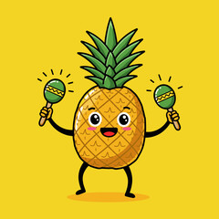 Cheerful Pineapple Character Playing Maracas with Cartoon Illustration on Yellow Background.