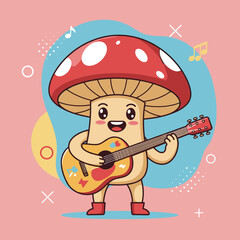 Cheerful Cartoon Mushroom Playing Guitar with Musical Notes on Pastel Background.