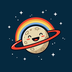 Cheerful cartoon planet with rainbow and rings with smiling in outer space.