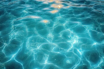 Crystal clear blue water surface with gentle ripples reflecting sunlight sparkling warmly