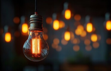 Close-up of a glowing vintage filament light bulb with multiple blurred warm lights in the background creating a cozy and inviting atmosphere