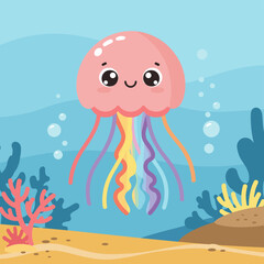 Cute Cartoon Jellyfish with Rainbow Tentacles in Underwater Scene.