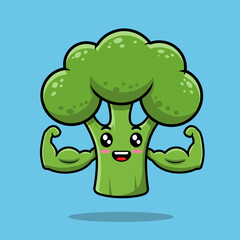 Strong Broccoli Cartoon Character Showing Muscles on Blue Background.
