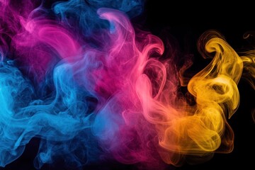 Obraz premium Vibrant swirling clouds of blue, magenta, and orange smoke intertwining against a black background, creating a dynamic and colorful abstract scene