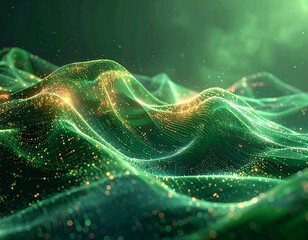 Abstract, glowing, wave-like forms with sparkling particles