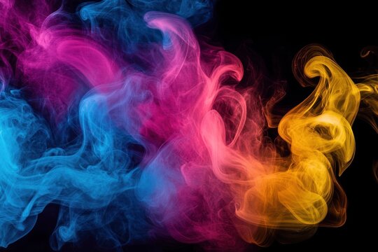 Vibrant swirling clouds of blue, magenta, and orange smoke intertwining against a black background, creating a dynamic and colorful abstract scene