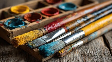 Obraz premium Set of accessories for painting with brushes and paints concept. Art supplies featuring brushes and a paint palette on wood.