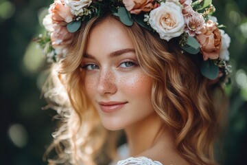 Close-up portrait of a young woman with freckles smiling gently while wearing a floral crown of peach and cream roses with greenery in soft natural light