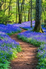 dirt path winding through a forest with tall trees surrounded by dense patches of vibrant purple flowers under bright daylight