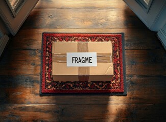 A cardboard package taped and labeled with partial text sits centered on a decorative red and black doormat on a wooden floor illuminated by warm natural light
