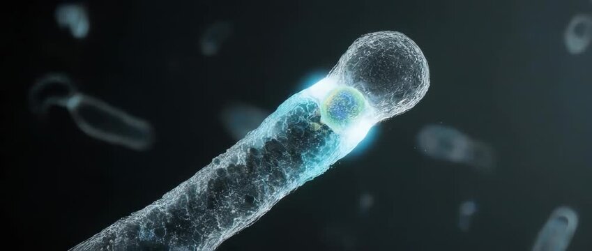 An educational animation showing a bacterium creating a protective spore. For microbiology and survival mechanism topics.