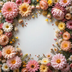 Top view floral frame with pink and yellow flowers, copy space center"

