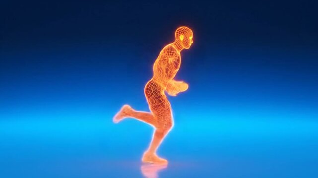 Glowing Wireframe Man Running on Blue Background - Digital Humanoid Motion