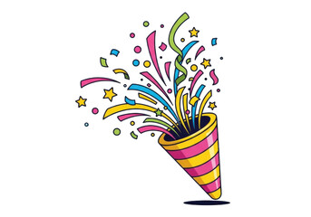 Colorful party popper exploding with confetti and streamers isolated on transparent background
