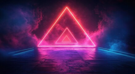glowing neon pink triangles creating a tunnel effect against a dark smoky background with purple and blue lighting evoking a futuristic and mysterious atmosphere