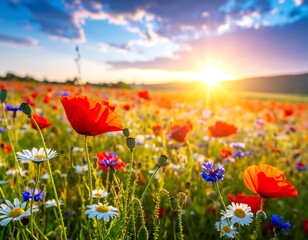 Obraz premium A vibrant field of wildflowers, including poppies and daisies, basks in the golden light of a setting sun