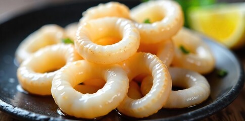 Fresh Calamari Rings Glistening, Ready for Cooking ? Perfect for Seafood Recipes and Menus