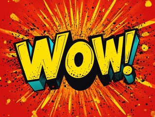 Bold yellow comic style word wow with black and blue shadows on explosive red and orange splattered background expressing excitement and surprise
