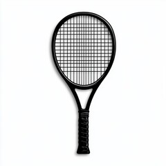 Black tennis racket with a detailed grid string pattern and wrapped handle on a white background