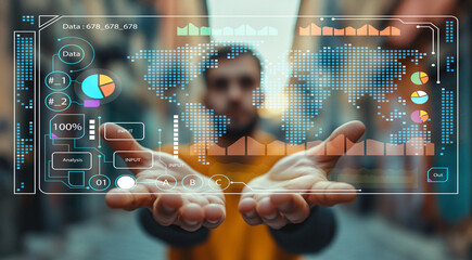 Young professional showcasing digital data analysis with interactive charts and world map in urban setting for technology and business concepts