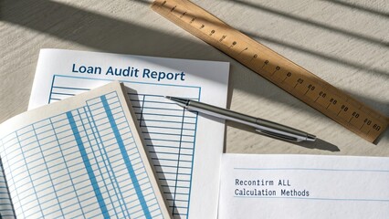 Detailed Loan Audit Report with Blank Tables, Ruler, and Pen on Light Background for Financial Documentation and Analysis