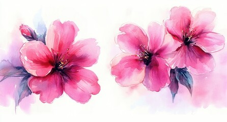 Delicate watercolor painting of pink hibiscus flowers with soft purple leaves and a light, airy background conveying a gentle and serene mood