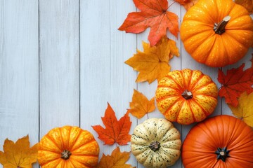 assorted small pumpkins and orange autumn leaves arranged on light wooden surface creating a festive fall atmosphere