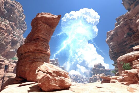 Dramatic desert canyon scene with a large, luminous cloud and lightning