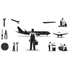 Airplane mechanic tools and aircraft maintenance silhouettes