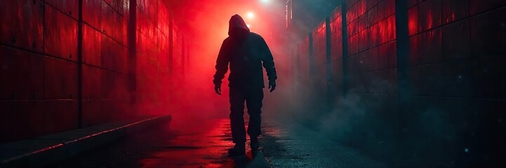 Mysterious Shadowy Figure Lurking Behind a Safety Barrier in Dimly Lit Setting, Casting an Unsettling Silhouette - Perfect for Security, Mystery, or Thriller Themes