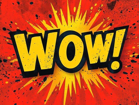 Bold yellow wow text with black outline on bright explosive red and yellow background with splatter effects conveying surprise and excitement