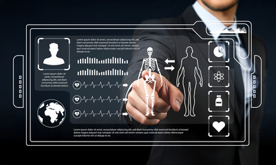 Businessman interacting with futuristic health technology interface showcasing human anatomy, diagnostics, and biometric data analytics for medical innovation