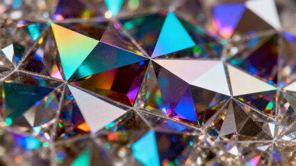 Close-up of a faceted surface reflecting a spectrum of vibrant colors and intricate geometric patterns, showcasing brilliant light refraction.