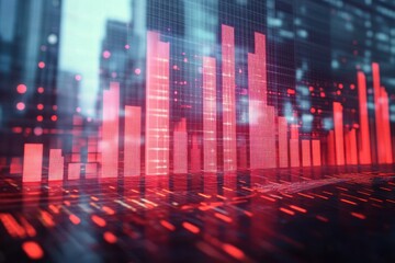 Abstract digital financial graph with red glowing vertical bars and fluctuating data on a transparent grid over blurred city buildings background
