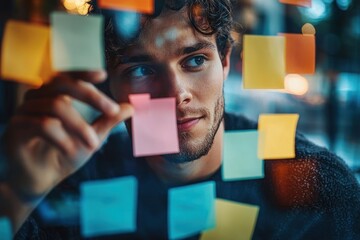 Young man thoughtfully organizing colorful sticky notes on a glass wall in a modern workspace with blurred background lights