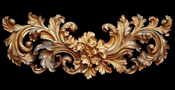 ornate golden carved floral and leaf decorative wood ornament with intricate swirling patterns against black background