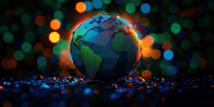 Abstract digital globe with low-poly continents in green and blue hues surrounded by glowing multicolored bokeh lights creating a futuristic and vibrant atmosphere