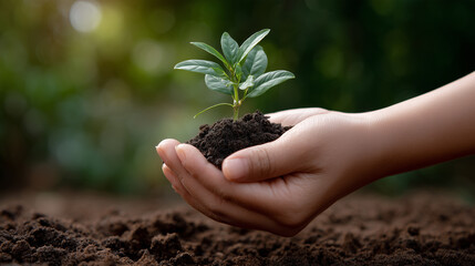 Fototapeta premium Growing Plant in Hands Concept, Hand Holding Fresh Seedling, Nurturing Nature with Care, Symbol of Environment and Sustainability, New Life in Soil