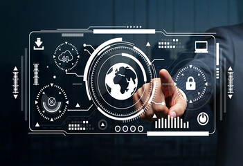 Futuristic User Interface with Touchscreen Features and Global Earth Visualization for Digital Technology and Innovation Concepts