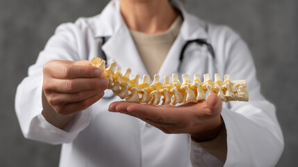 Medical professional demonstrating human spine anatomy with vertebrae model in hands, showcasing health education and patient care concepts