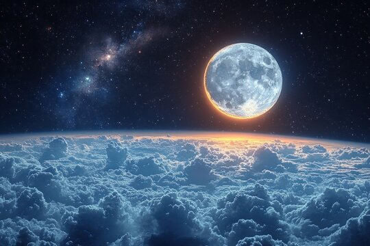 Bright full moon glowing over a vast sea of fluffy clouds with a starry night sky and visible milky way galaxy - Powered by Adobe