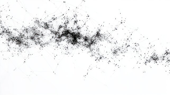 Abstract interconnected network of black dots and fine lines forming a complex web on a white background conveying connectivity and data flow
