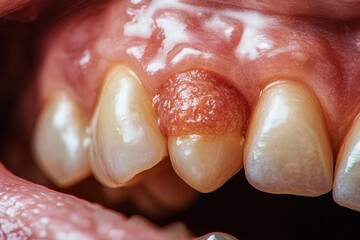 close-up of upper front teeth with inflamed reddish gum swelling between two teeth showing dental infection or abscess