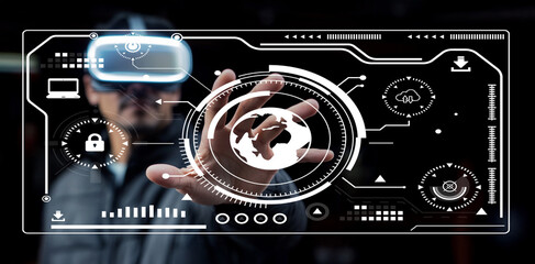 Man Interacting with Virtual Reality Interface in Modern Tech Environment, Engaged with Innovative Digital Elements and Futuristic Designs