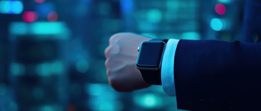 Backlit Silhouette Product concept. Smartwatch on wrist against a blurred cityscape at night.