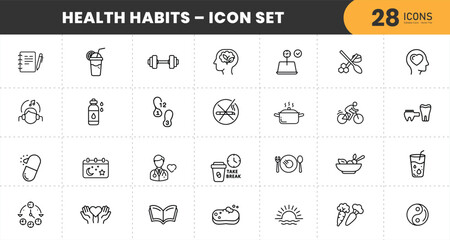 Health Habits Icon Set – 28 Thin Line Wellness Icons Including Fitness, Nutrition, Exercise, Self Care, Sleep, Mental Health, and Lifestyle Symbols.