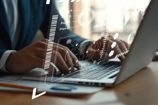 Business professional working on laptop with digital interface, data analysis, and strategic planning symbols in modern office setting