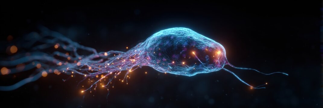 A vibrant depiction of a sperm cell illuminated with glowing tendrils, floating in a dark setting, highlighting intricate details and vibrant colors.