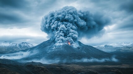 Volcanic Eruption with Ash Cloud Erupting Into the Sky